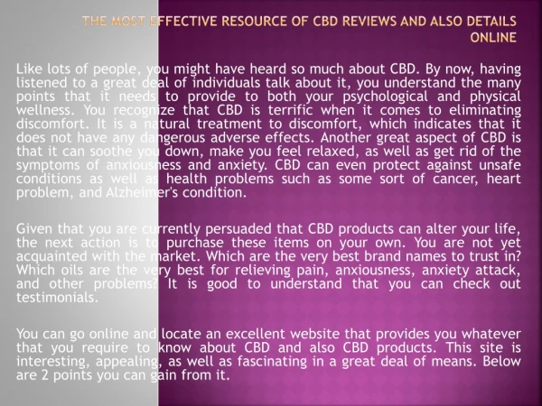 The Most Effective Resource of CBD Reviews and also Details Online