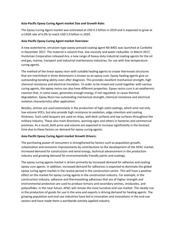 Asia-Pacific Epoxy Curing Agent market Size and Growth Forecast Report 2019