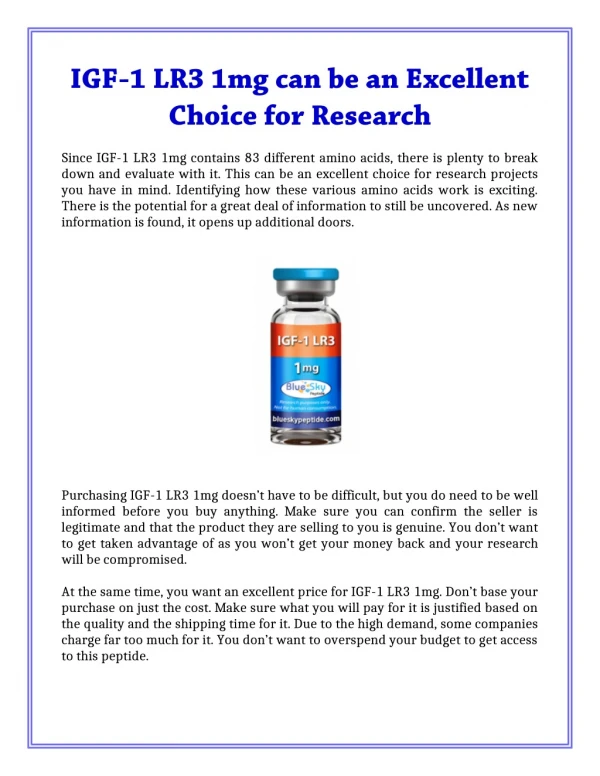 IGF-1 LR3 1mg can be an Excellent Choice for Research