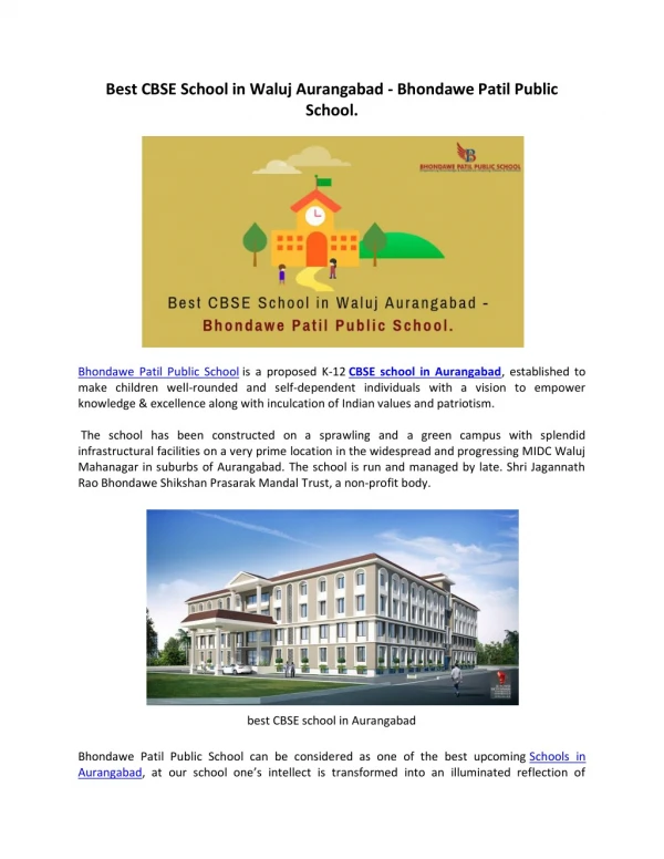 Best CBSE School in Waluj Aurangabad - Bhondawe Patil Public School.