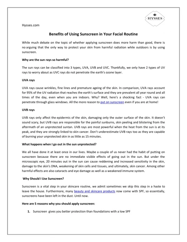 hysses com benefits of using sunscreen in your