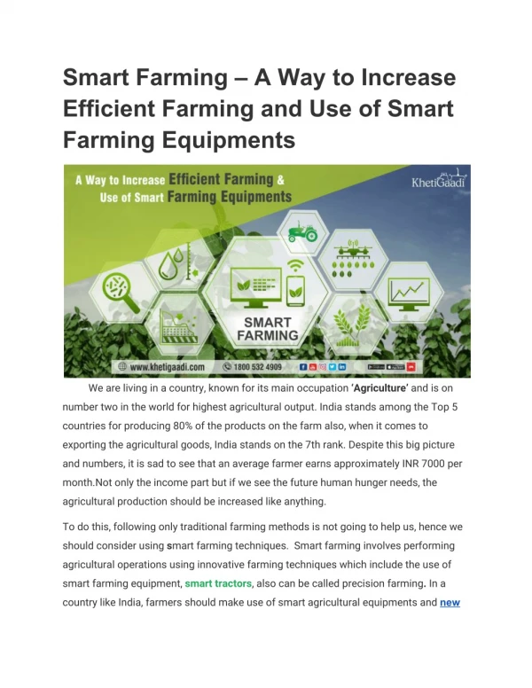 Smart Farming – A Way to Increase Efficient Farming and Use of Smart Farming Equipments