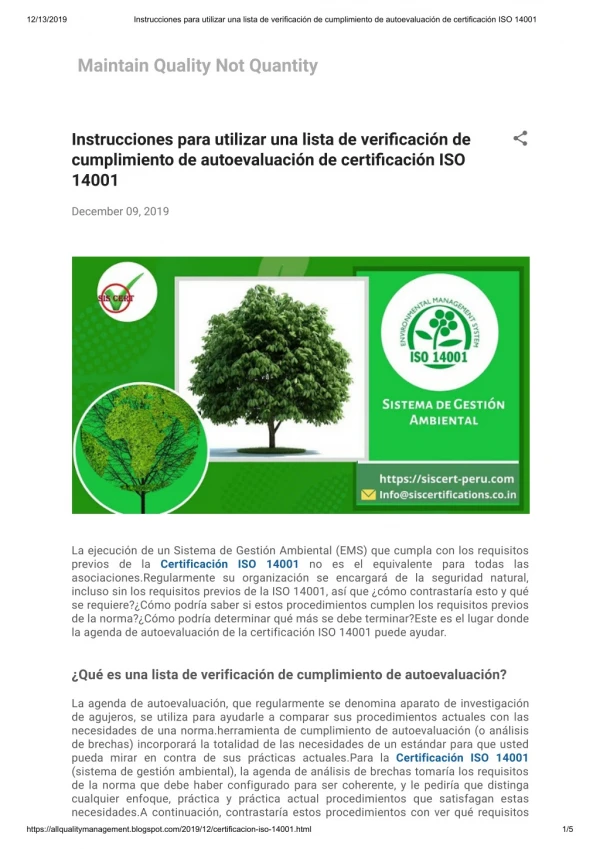 Instrucciones para utilizar una lista de verificación de cumplimiento de autoevaluación de certificación ISO 14001.