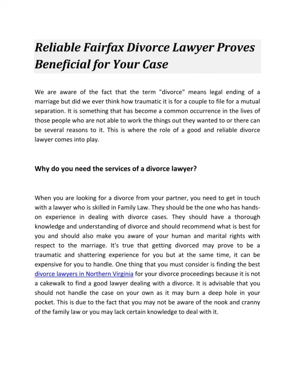 Reliable Fairfax Divorce Lawyer Proves Beneficial for Your Case