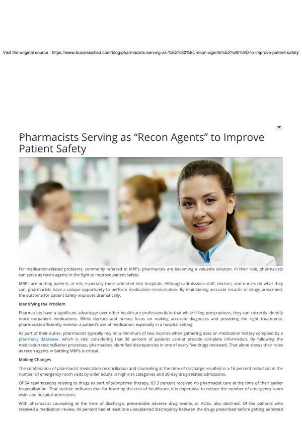 Pharmacists Serving as “Recon Agents” to Improve Patient Safety