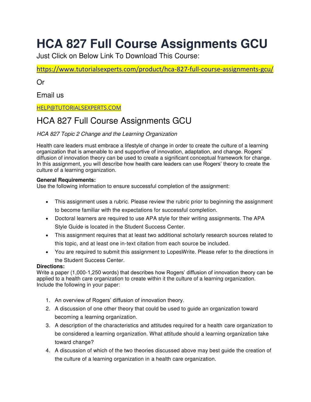 hca 827 full course assignments gcu just click