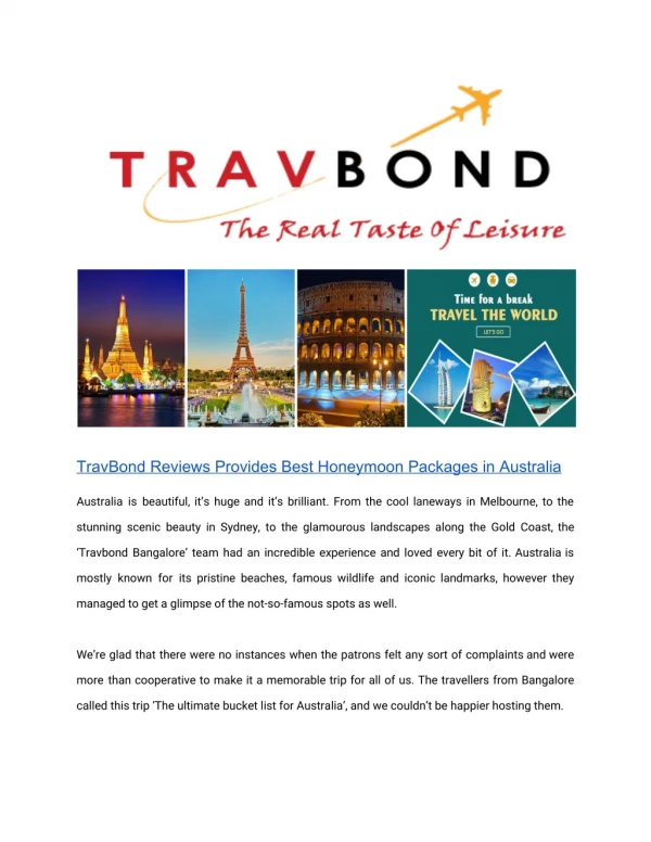 TravBond Reviews Provides Best Honeymoon Packages in Australia