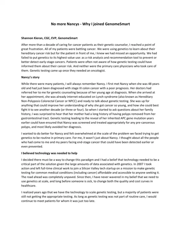 no more nancys why i joined genomesmart