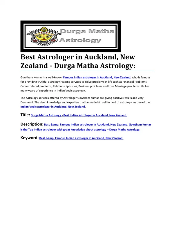 Best Astrologer in Auckland, New Zealand - Durga Matha Astrology: