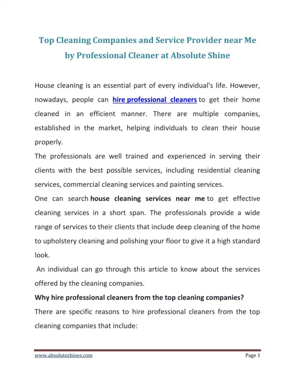 Top Best Cleaning Companies near Me by Professional Cleaner at Absolute Shine