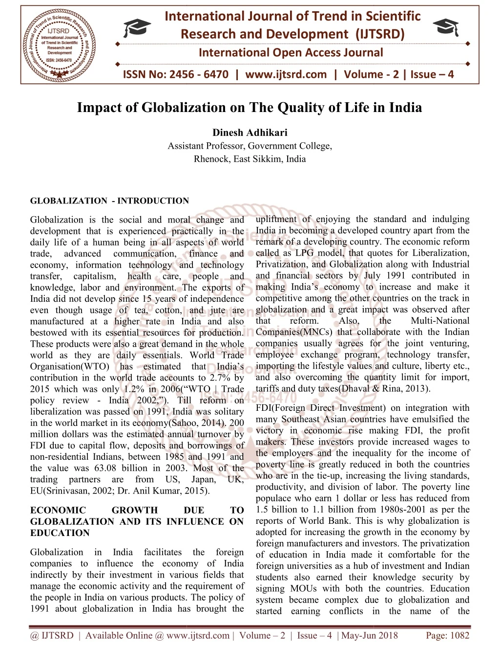 Impact of Globalization on The Quality of Life in India
