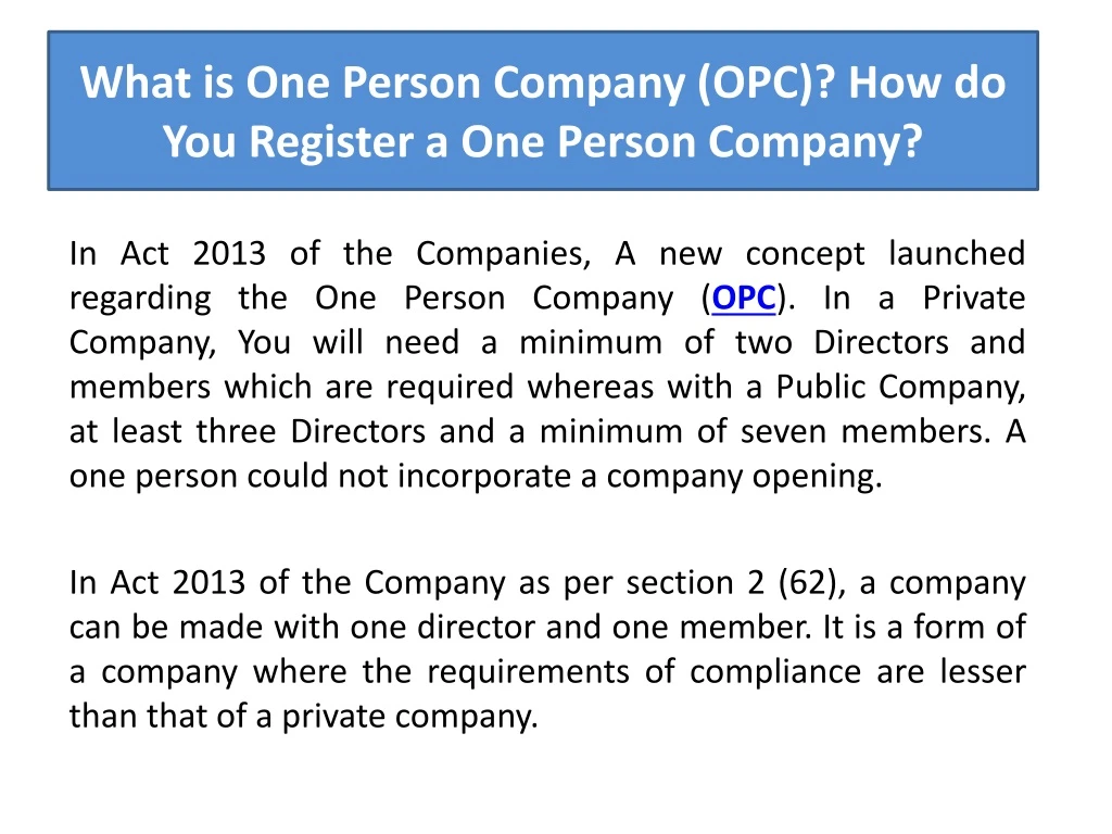 what is one person company opc how do you register a one person company
