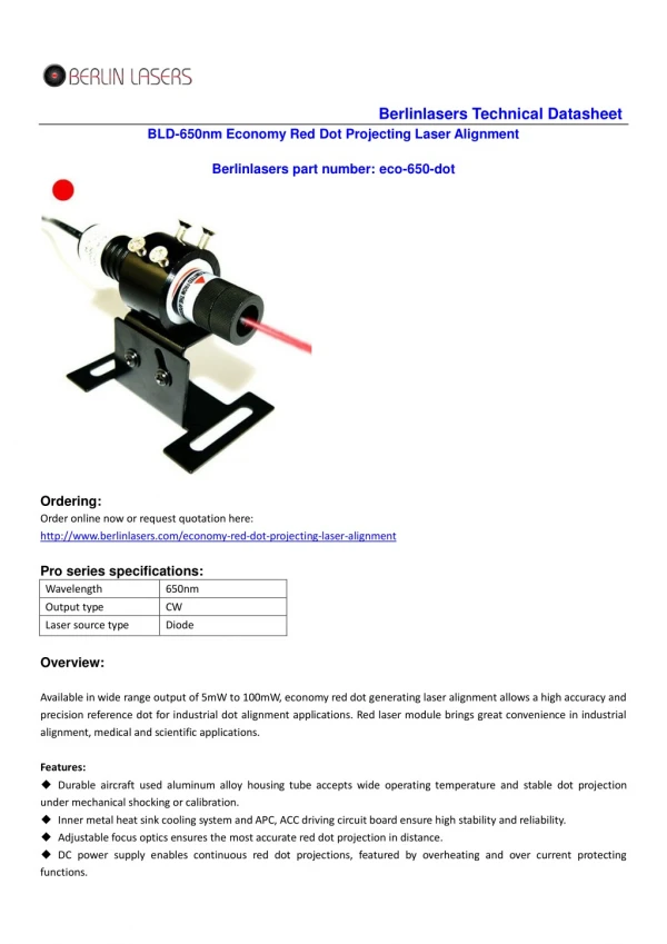 Berlinlasers 650nm adjustable focus red dot laser 5mW-100mw technical datasheet