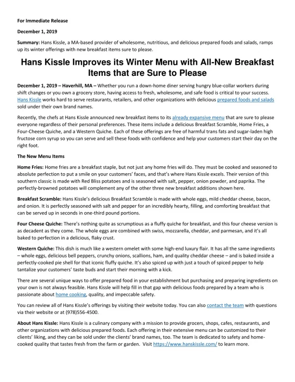 Hans Kissle Improves its Winter Menu with All-New Breakfast Items that are Sure to Please
