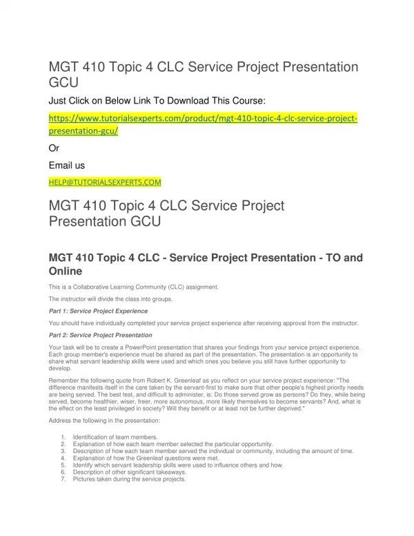 mgt 410 topic 4 clc service project presentation