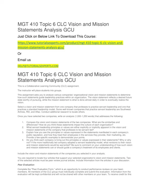 mgt 410 topic 6 clc vision and mission statements