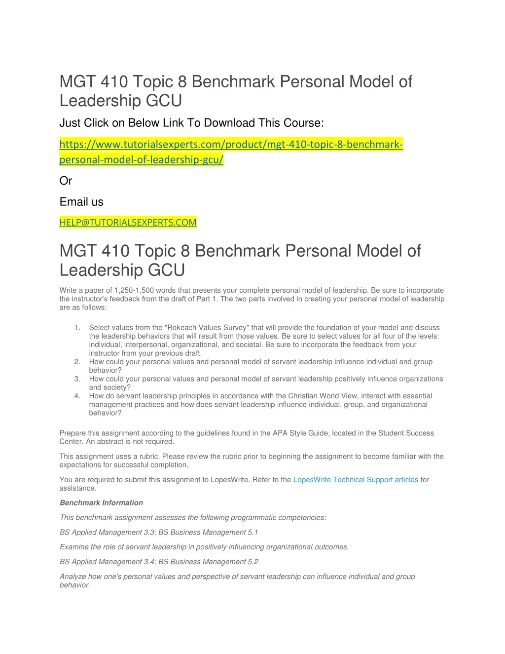 mgt 410 topic 8 benchmark personal model