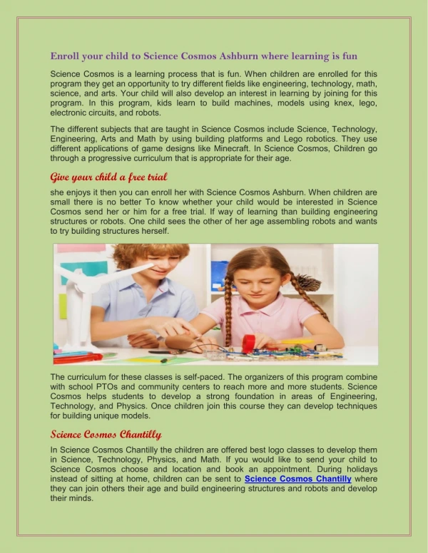 Enroll your child to Science Cosmos Ashburn where learning is fun