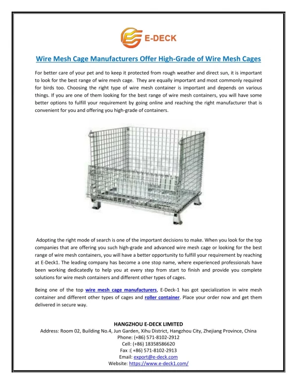 Wire Mesh Cage Manufacturers Offer High-Grade of Wire Mesh Cages