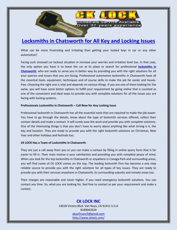 locksmiths in chatsworth for all key and locking