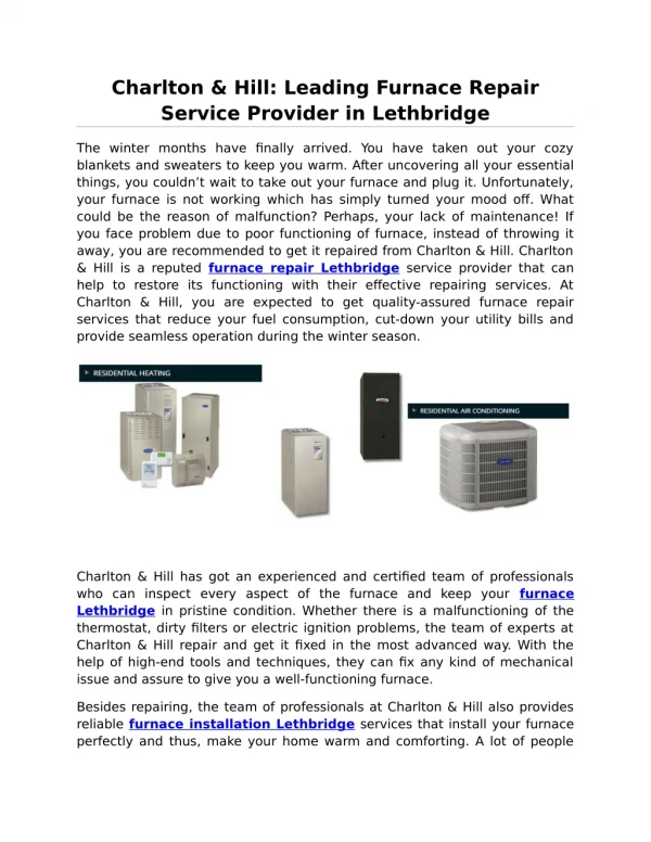 Charlton & Hill: Leading Furnace Repair Service Provider in Lethbridge