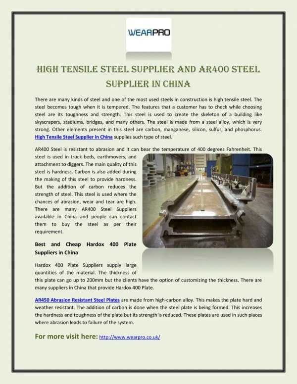 High Tensile Steel Supplier and AR400 Steel Supplier in China