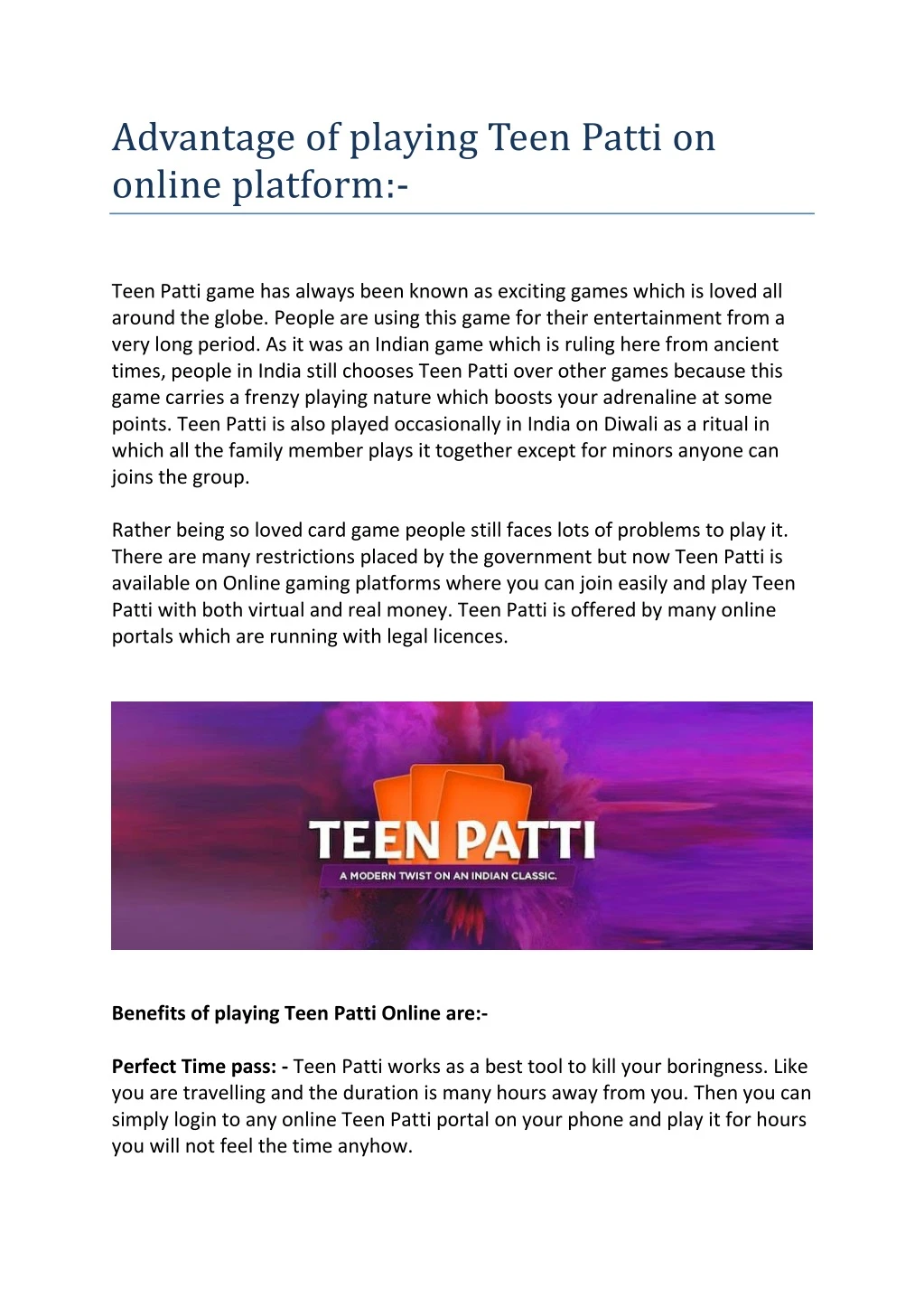 advantage of playing teen patti on online platform
