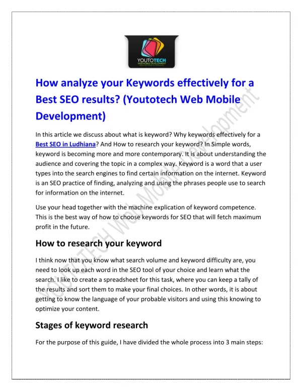 How analyze your Keywords effectively for a Best SEO results? (Youtotech Web Mobile Development)