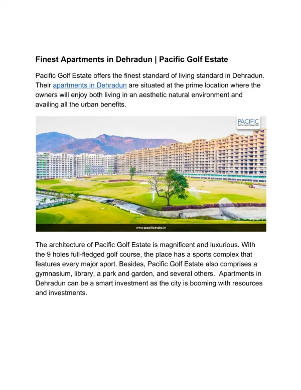 Finest Apartments in Dehradun | Pacific Golf Estate