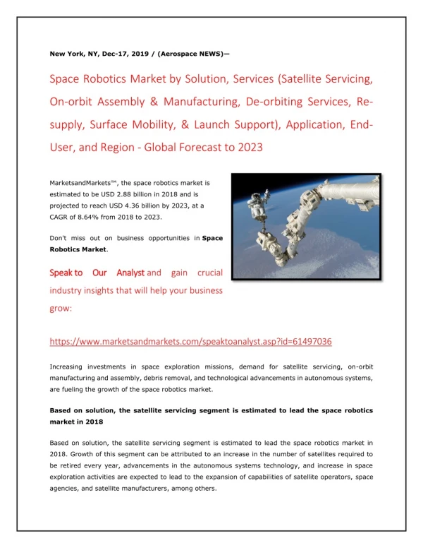 Space Robotics Market | Global Forecast 2023