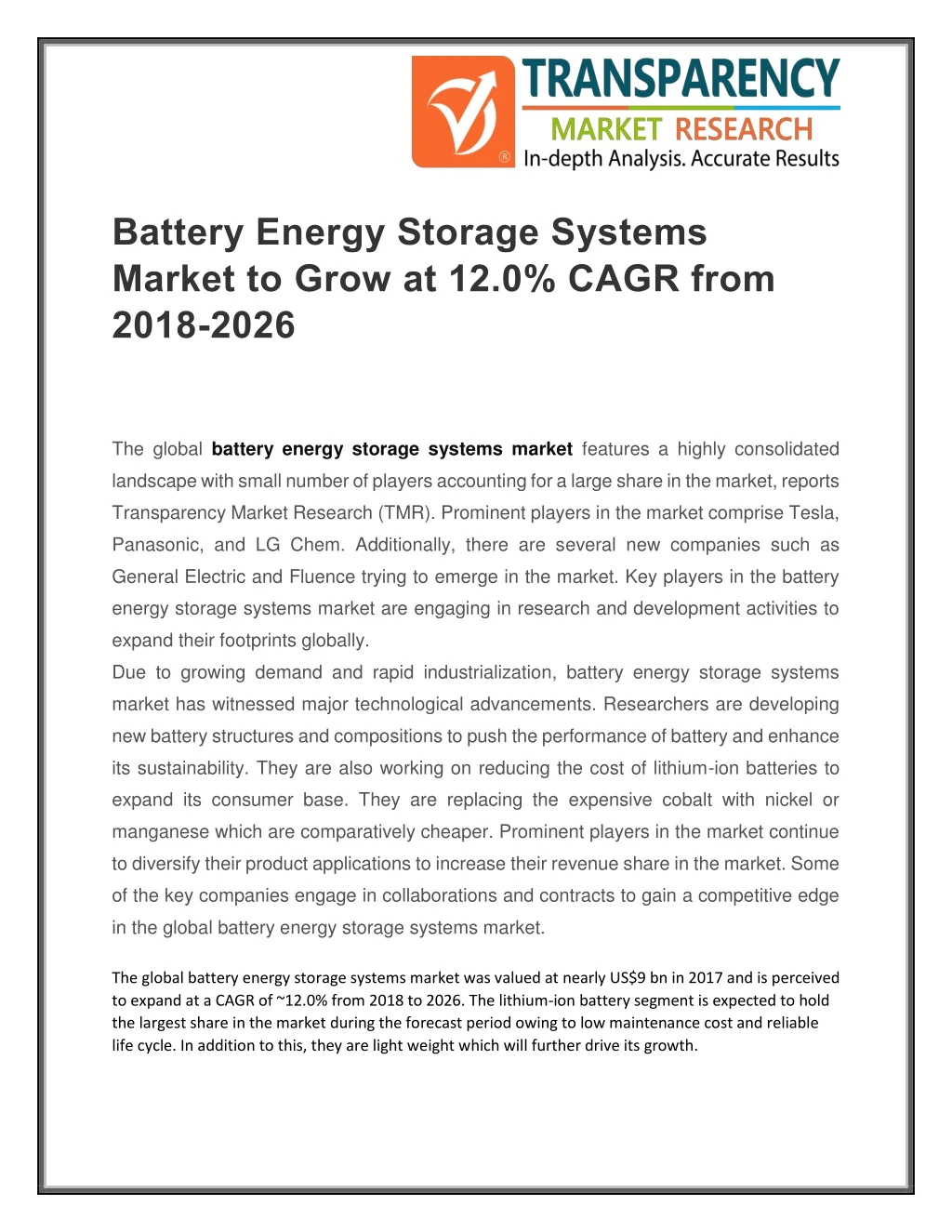 battery energy storage systems market to grow