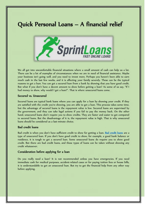 Quick Personal Loans – A financial relief