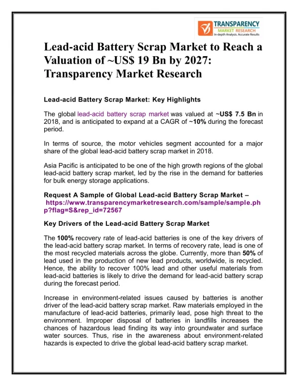 Lead-acid Battery Scrap Market to Reach a Valuation of ~US$ 19 Bn by 2027: Transparency Market Research