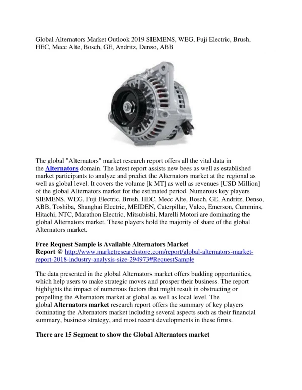 Global Alternators Market Outlook 2019 SIEMENS, WEG, Fuji Electric, Brush, HEC, Mecc Alte, Bosch, GE, Andritz, Denso, AB