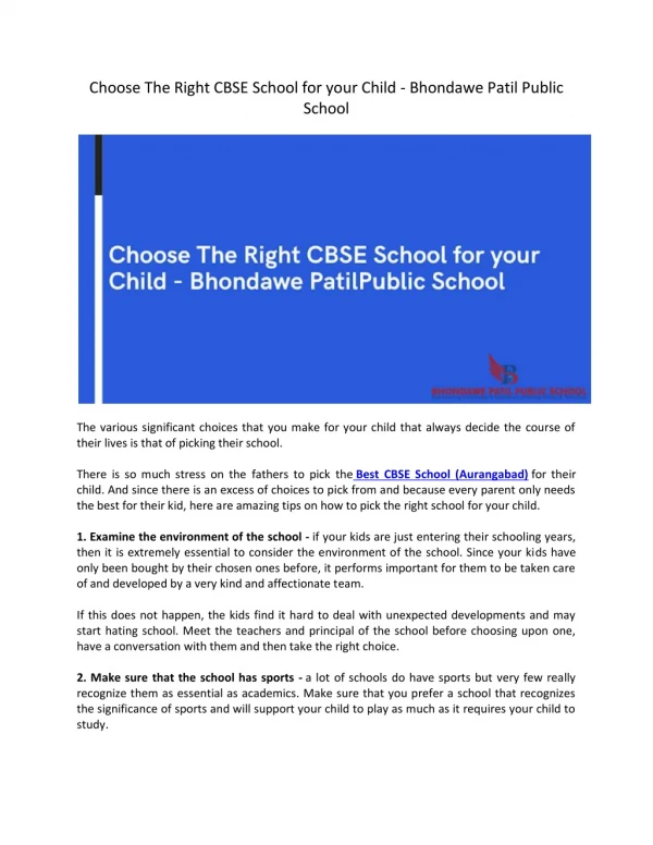 Choose The Right CBSE School for your Child - Bhondawe Patil Public School