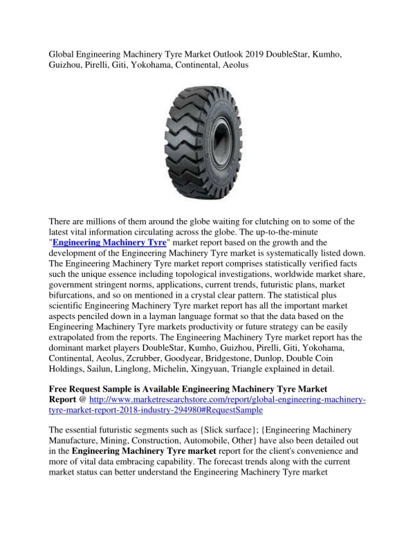 Global Engineering Machinery Tyre Market Outlook 2019 DoubleStar, Kumho, Guizhou, Pirelli, Giti, Yokohama, Continental,