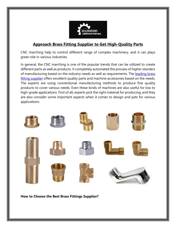 Approach Brass Fitting Supplier to Get High-Quality Parts