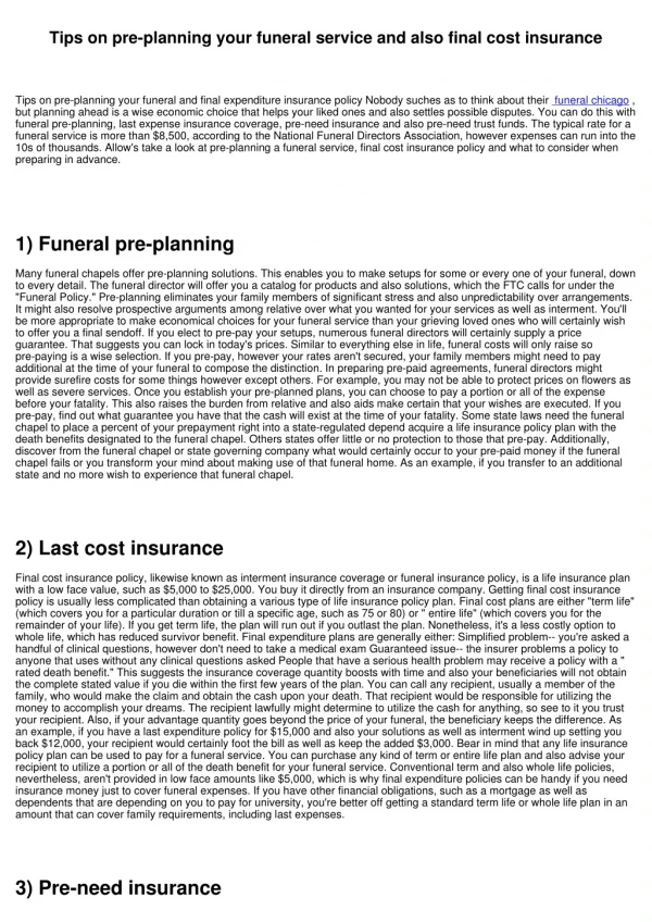 Tips on pre-planning your funeral and final expenditure insurance policy