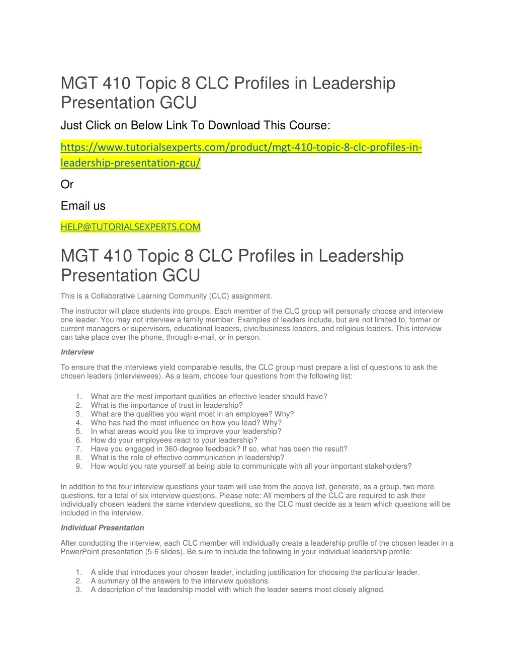 mgt 410 topic 8 clc profiles in leadership