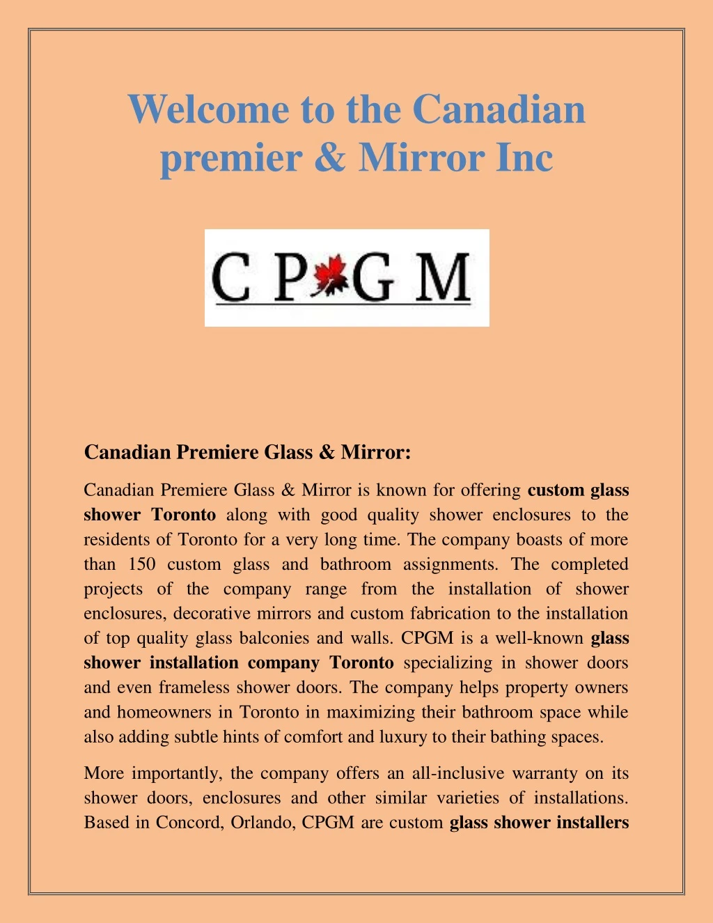 welcome to the canadian premier mirror inc