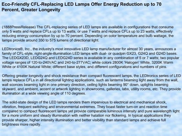 Eco-Friendly CFL-Replacing LED Lamps Offer Energy Reduction