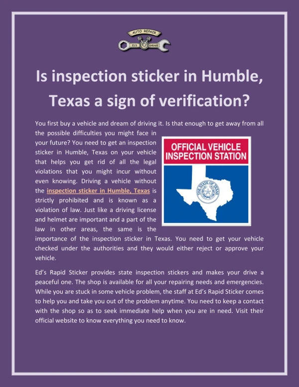 Is inspection sticker in Humble, Texas a sign of verification?