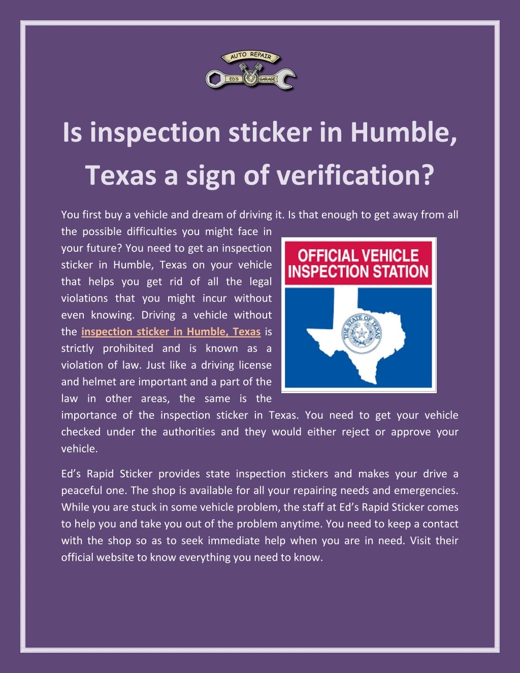 is inspection sticker in humble texas a sign