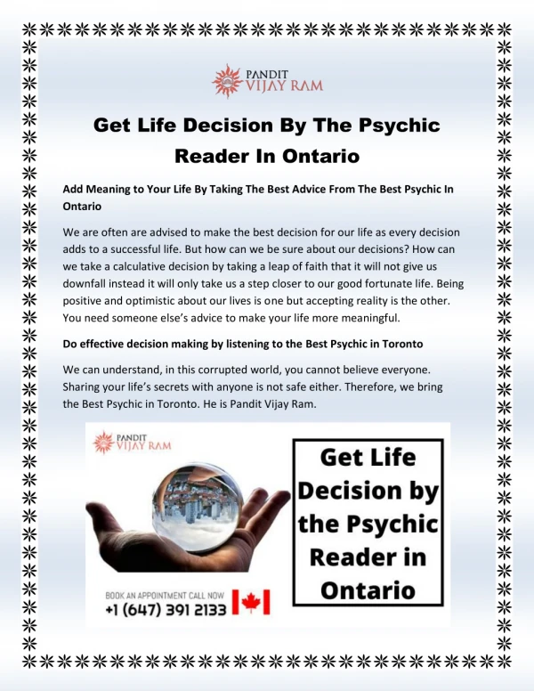 Get Life Decision By The Psychic Reader In Ontario