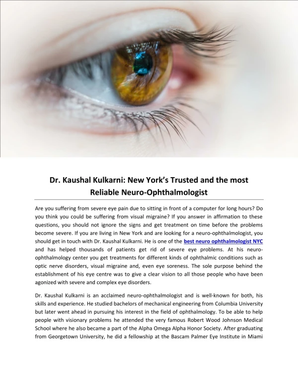 Dr. Kaushal Kulkarni: New York’s Trusted and the most Reliable Neuro-Ophthalmologist