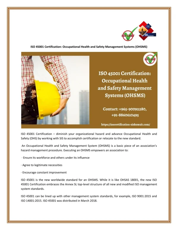 ISO 45001 Certification: Occupational Health and Safety Management Systems (OHSMS)