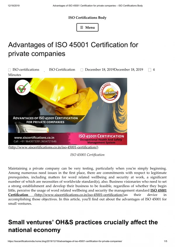 Advantages of ISO 45001 Certification for private companies