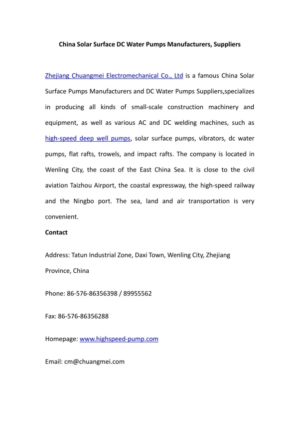 china solar surface dc water pumps manufacturers