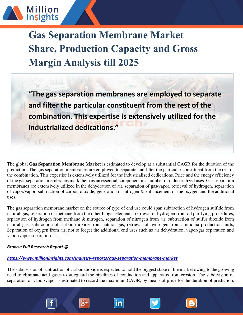 gas separation membrane market share production