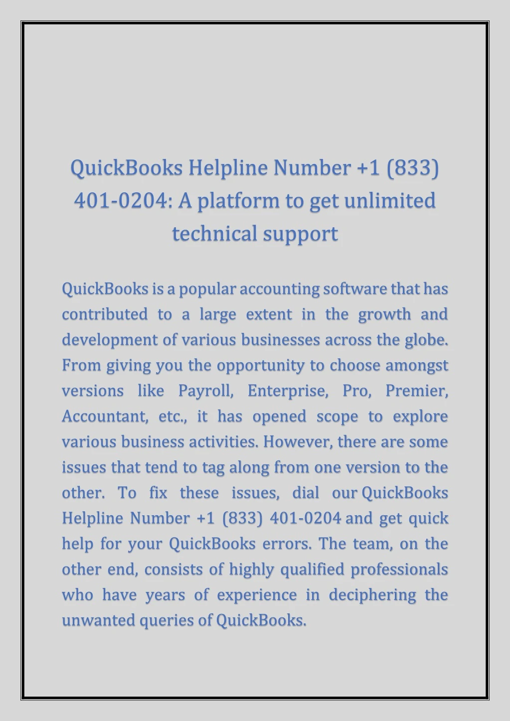 quickbooks helpline number 1 833 401 0204